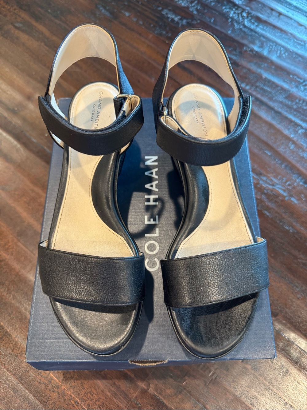 Cole Haan Grand Ambition Wedge Sandal in Black Leather ☀️
